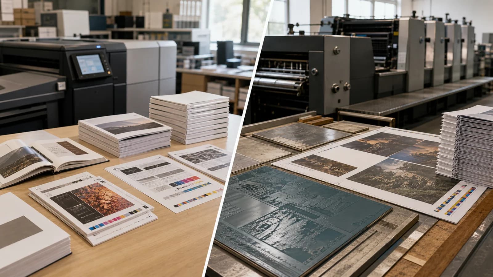 Digital vs offset printing comparison with short-run book proofs, offset plates, press sheets, and book signatures