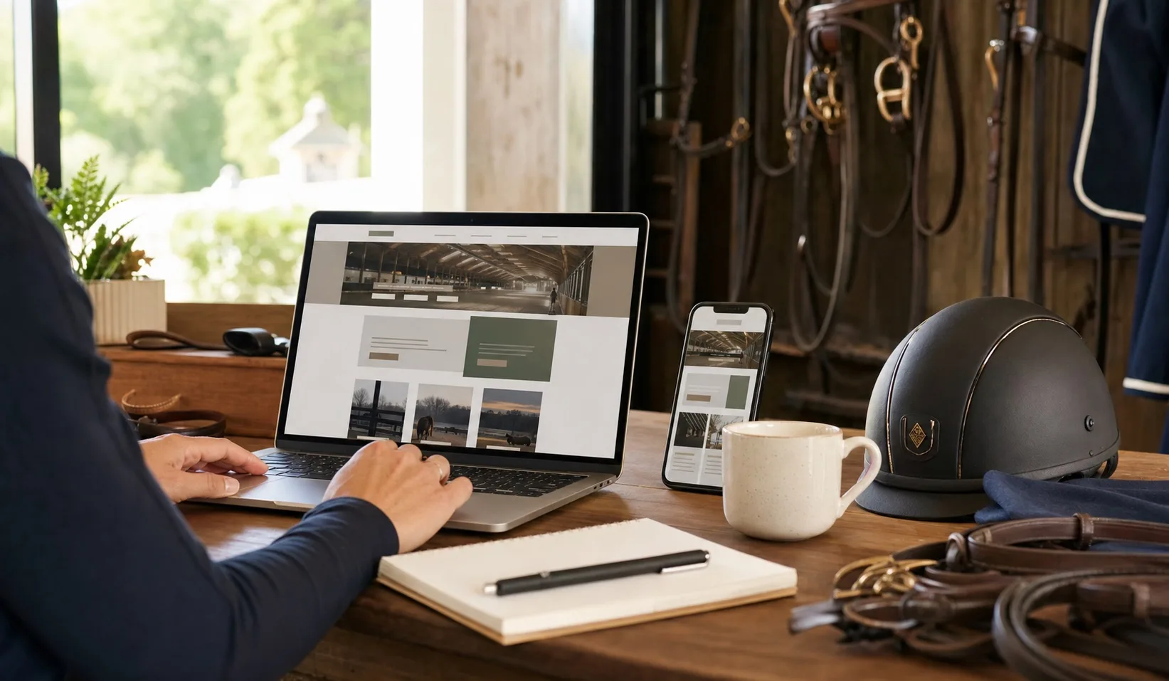 Wix vs Squarespace vs BarnLinking website options for a horse business shown on laptop and phone