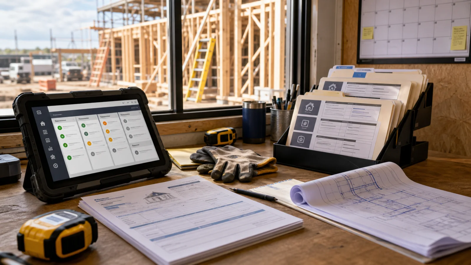 Contracting workflow automation with a jobsite tablet, waiting estimate folders, plans, and field tools