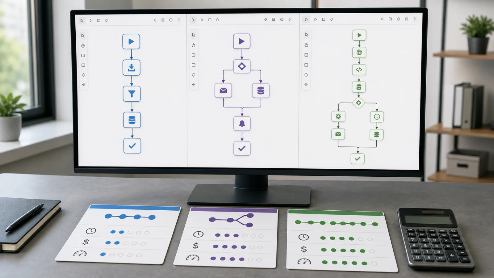 Zapier, Make, and n8n workflow automation comparison shown as three workflows with different step counts