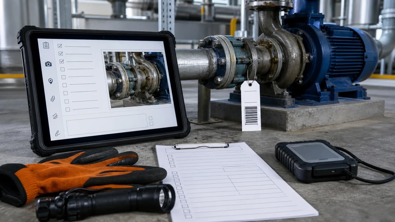 Digital inspection records with a rugged tablet, photo evidence, checklist, barcode tag, and offline storage