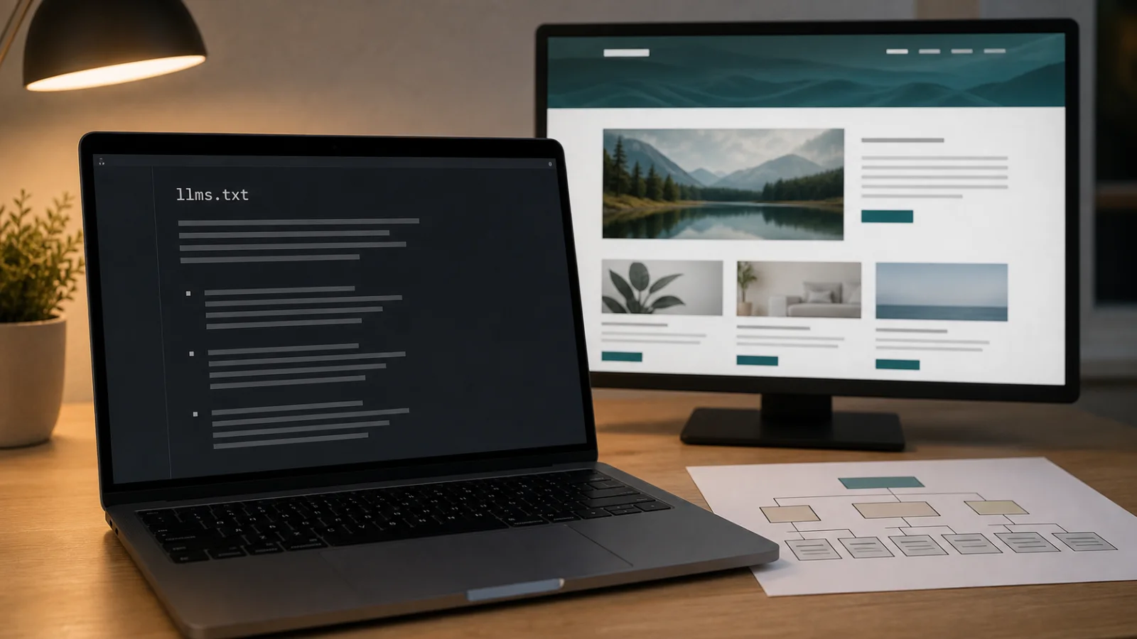 llms.txt file open beside a business website and a printed website map