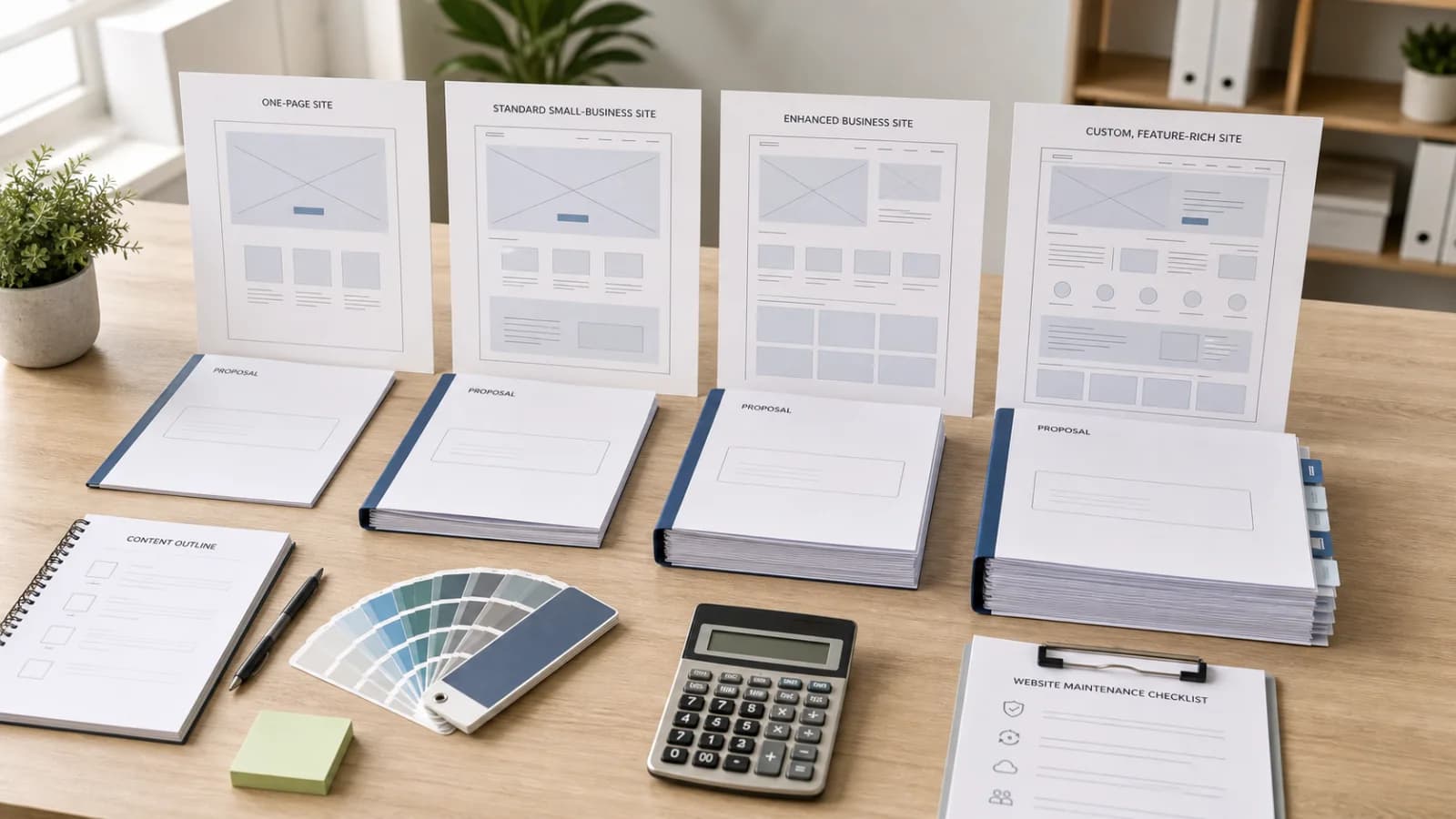 Small business website cost comparison with four website scopes, proposals, wireframes, and maintenance planning
