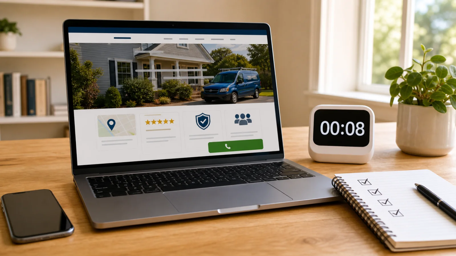 Small business website trust signals reviewed on a laptop during an eight-second customer decision