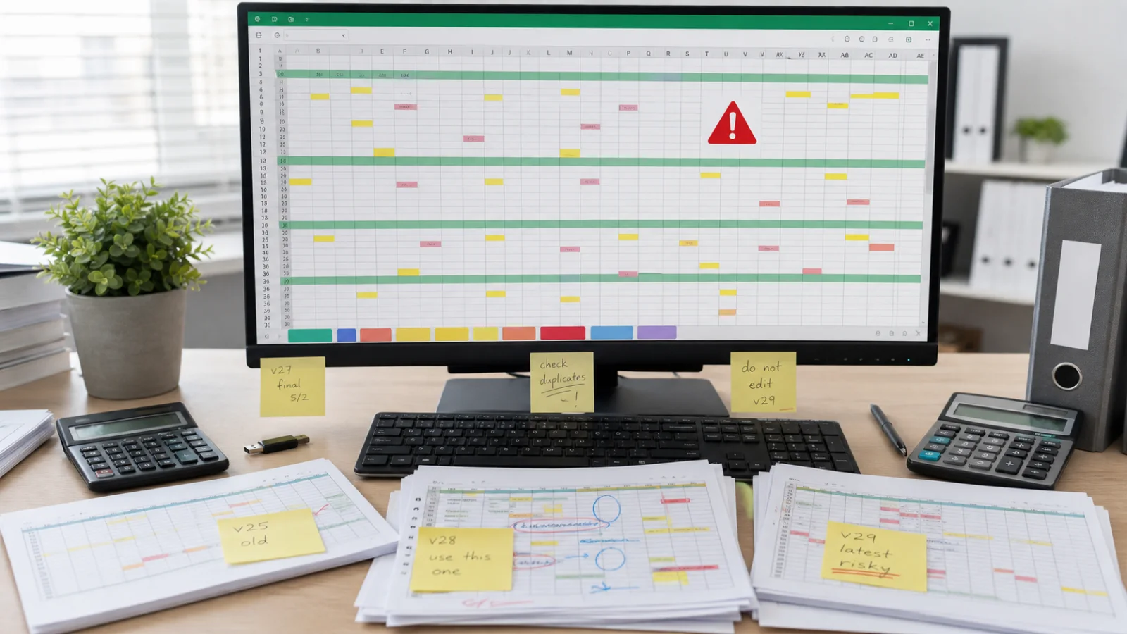 Spreadsheet risk in a growing business shown by duplicate versions, warning cells, and handwritten corrections
