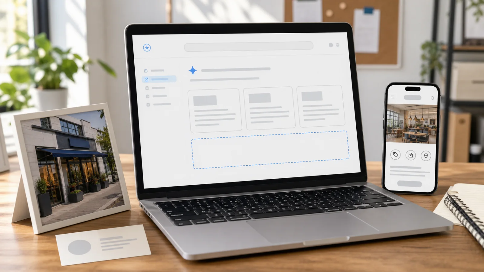 Small business AI search visibility shown by an empty AI assistant result beside the business website and storefront
