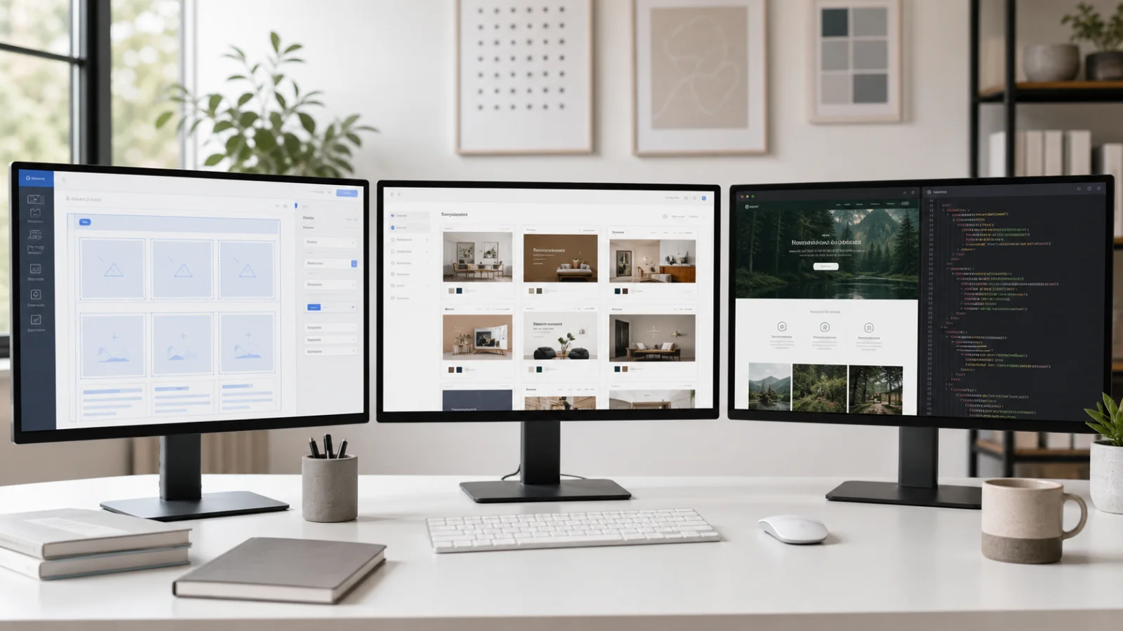 Wix, Squarespace, and custom website comparison across template editors, a finished website, and source code