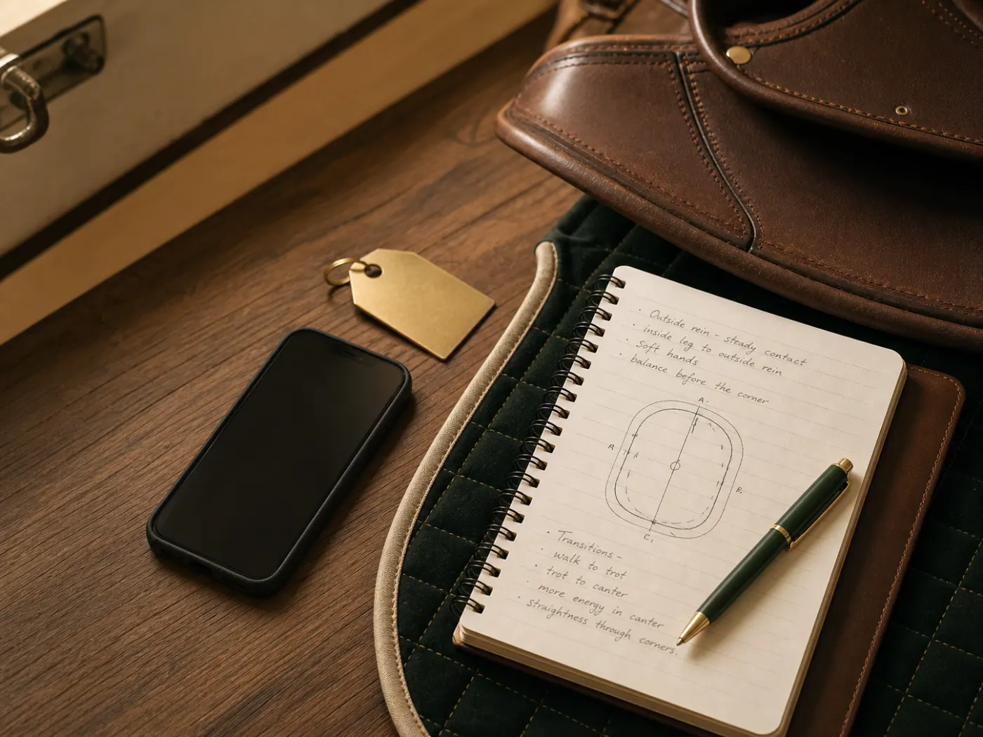 A rider’s handwritten lesson notes beside equestrian equipment
