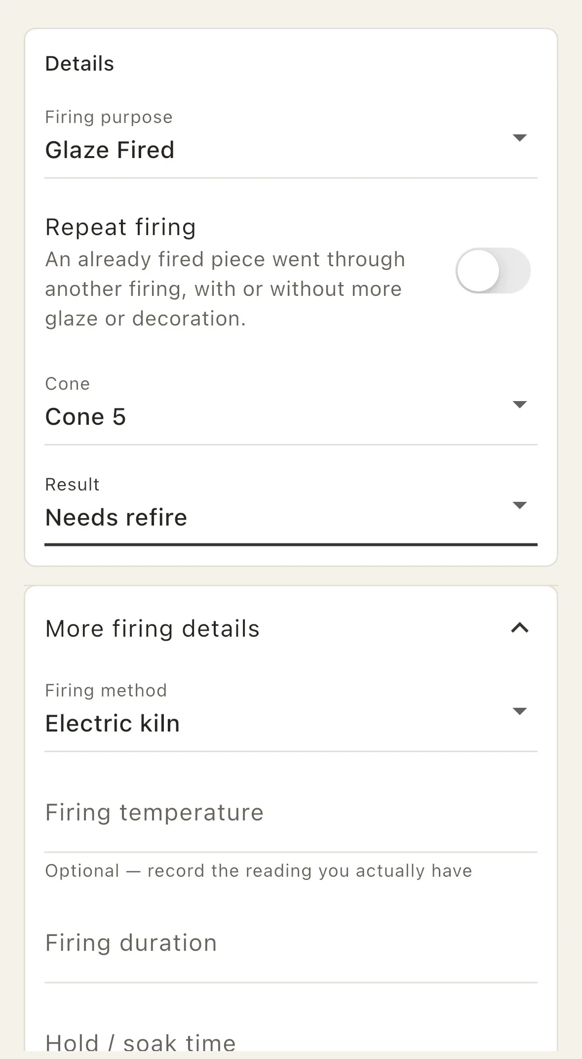 ClayTrace firing event details showing firing purpose, repeat firing toggle, Cone 5, a needs-refire result, and expanded fields for firing method, temperature, duration, and hold time