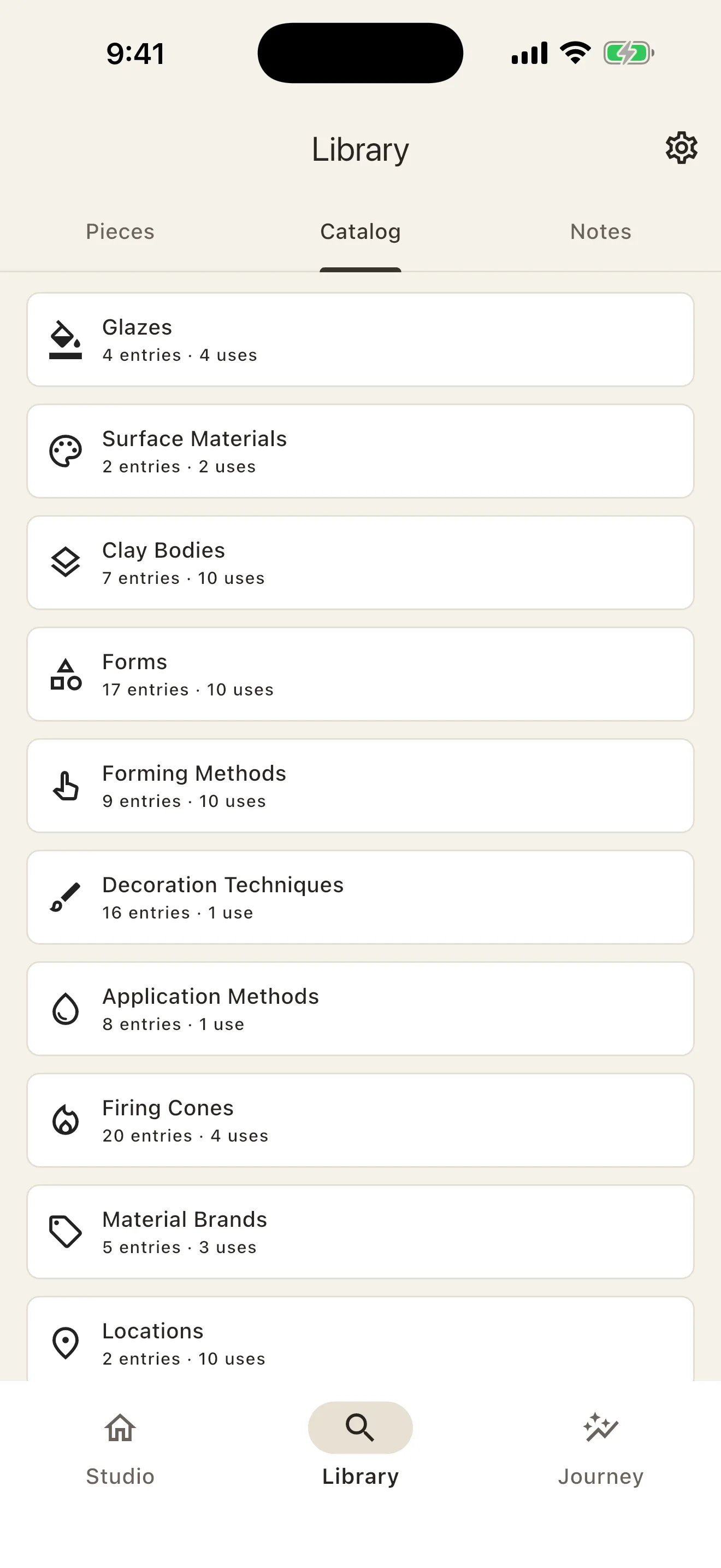 ClayTrace Library Catalog listing glazes, clay bodies, forms, firing cones, and material brands with entry and usage counts