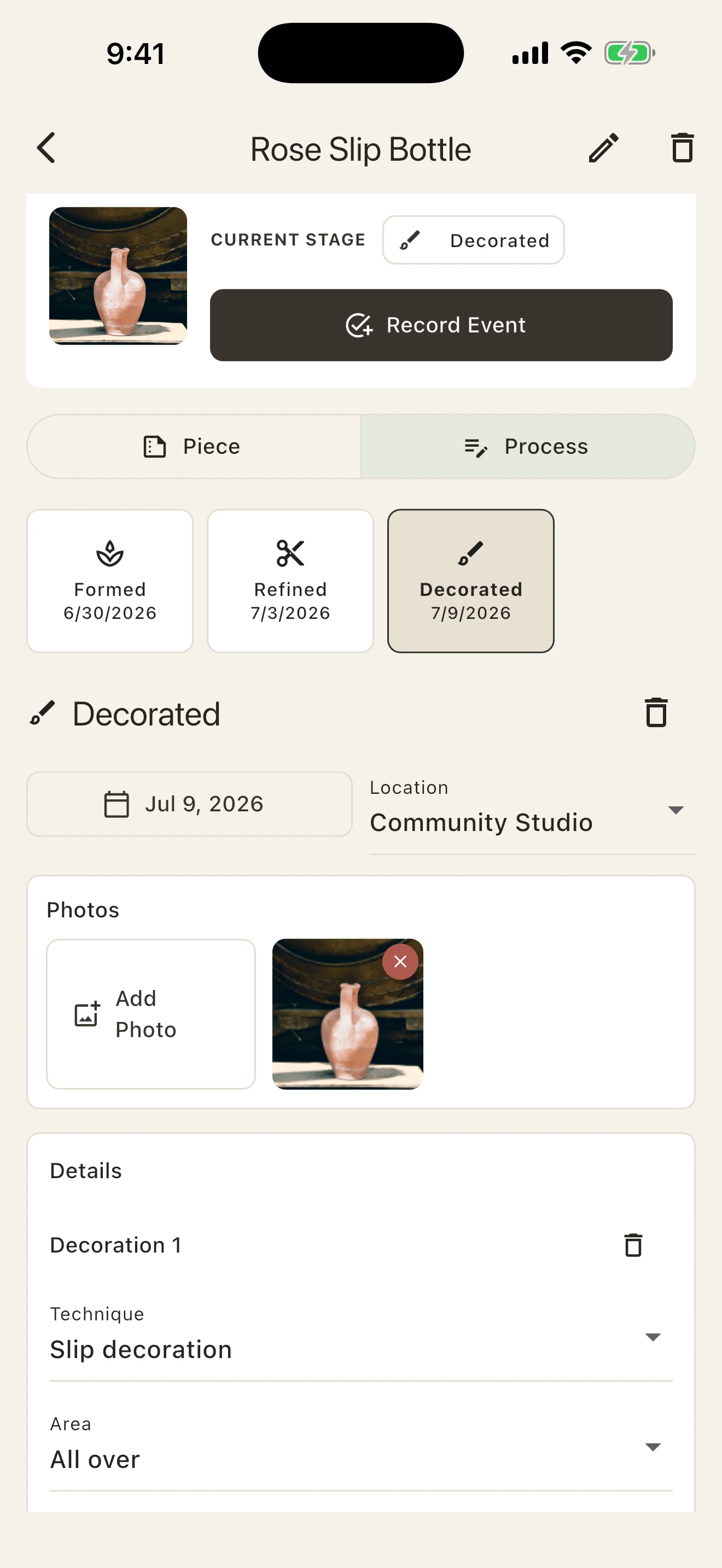 ClayTrace process history for a rose slip bottle with stage dates and a decorated-stage photo