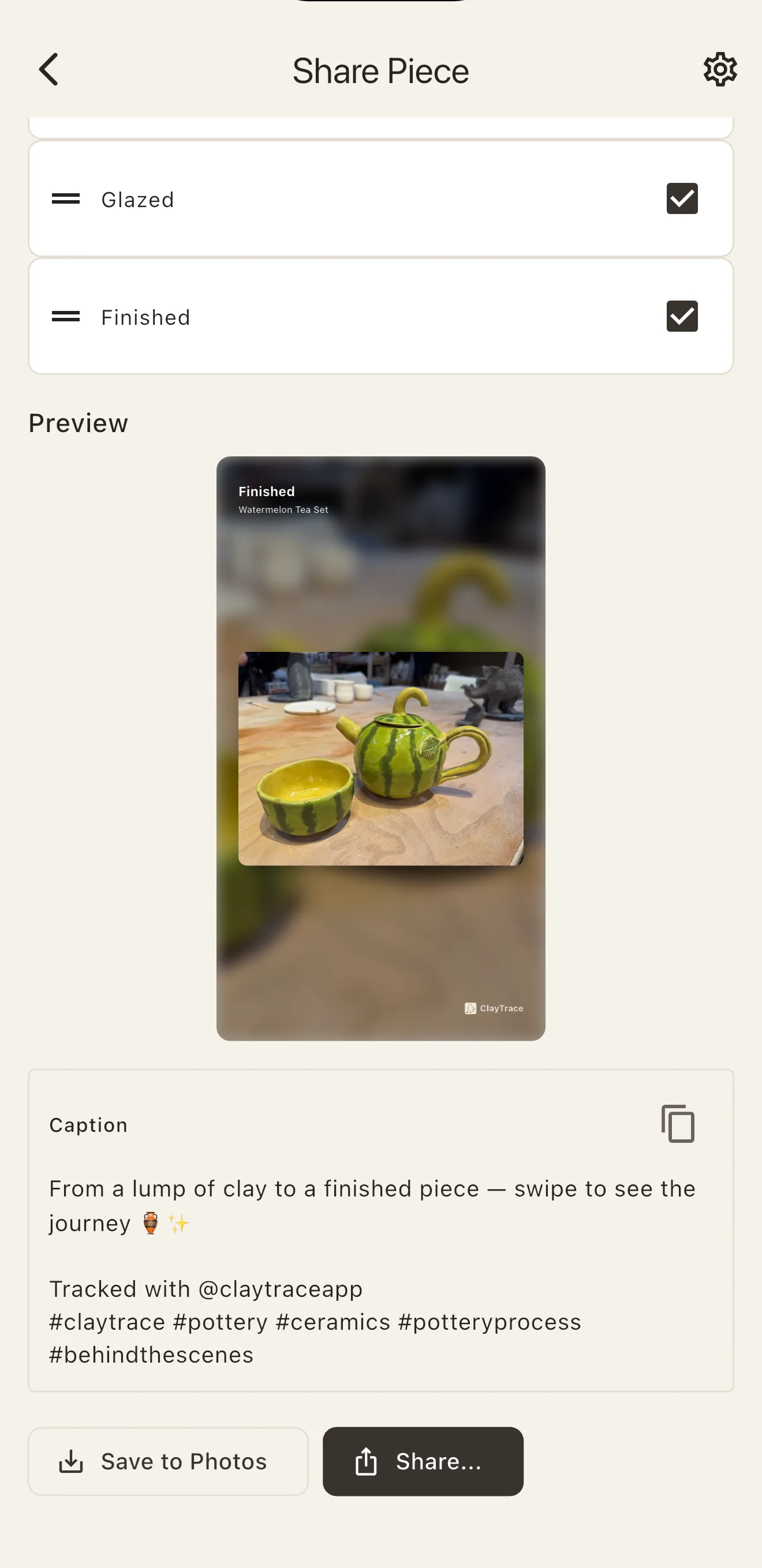 ClayTrace Share Piece screen with selectable stages, a preview card of a finished watermelon tea set, and a prepared caption with hashtags