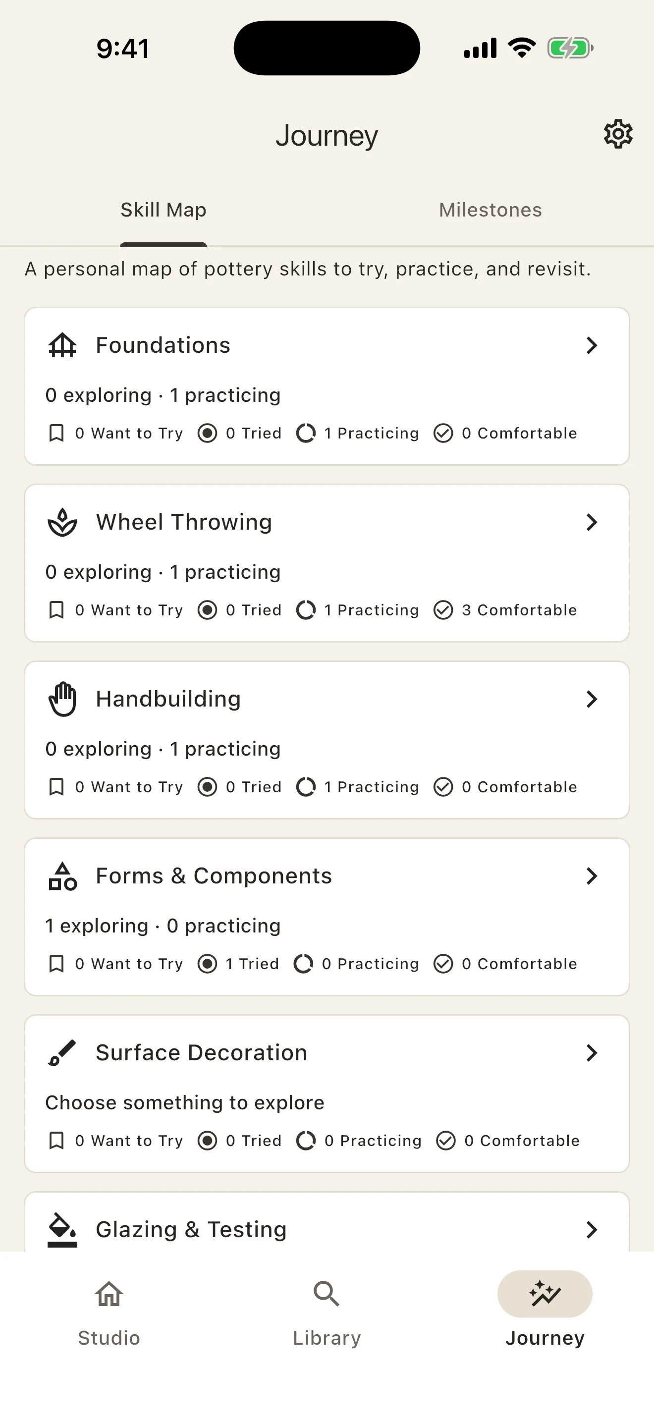 ClayTrace Skill Map with pottery branches and practice statuses