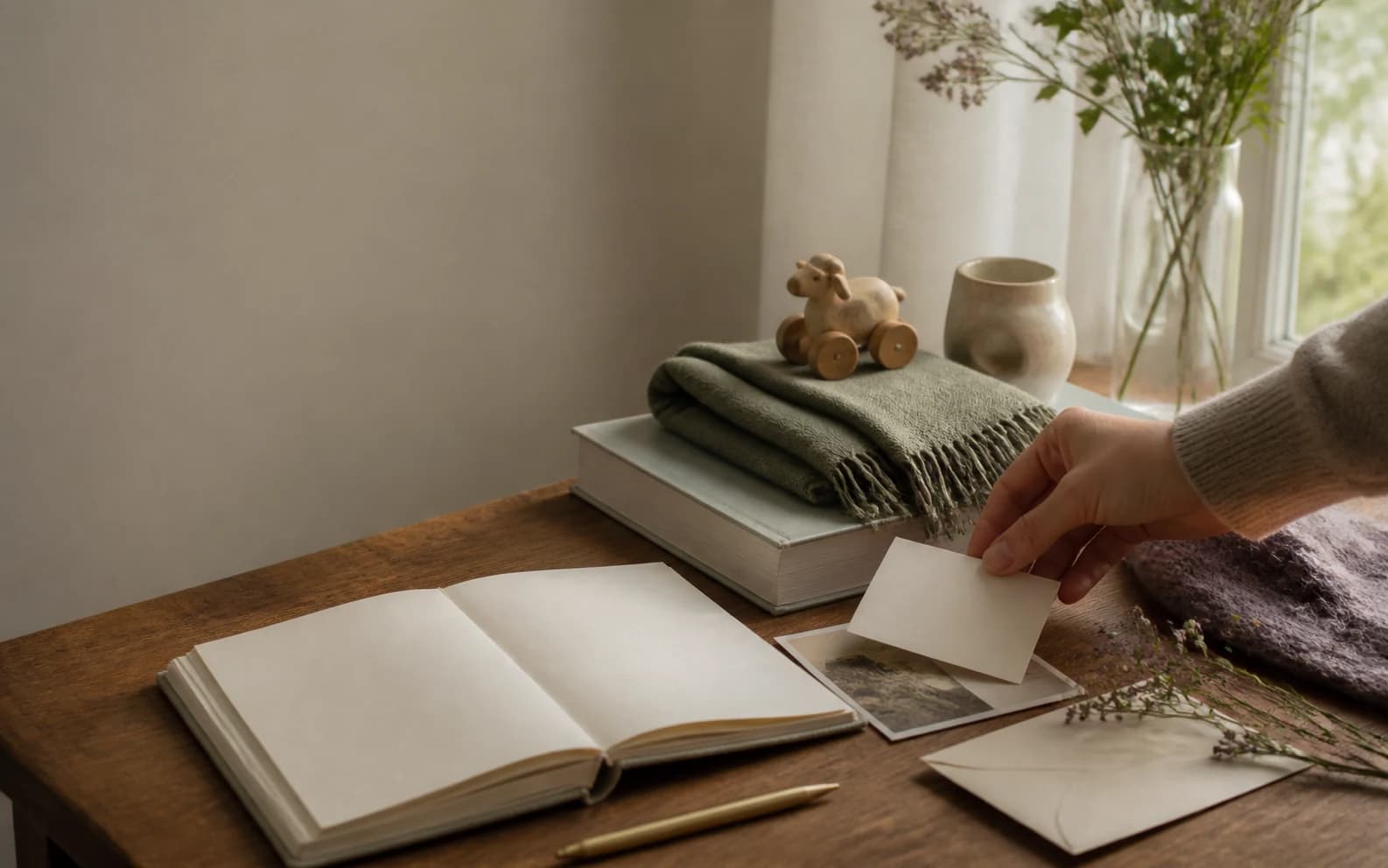 A quiet table with a notebook, small keepsakes, a folded scarf, and a hand placing an idea card