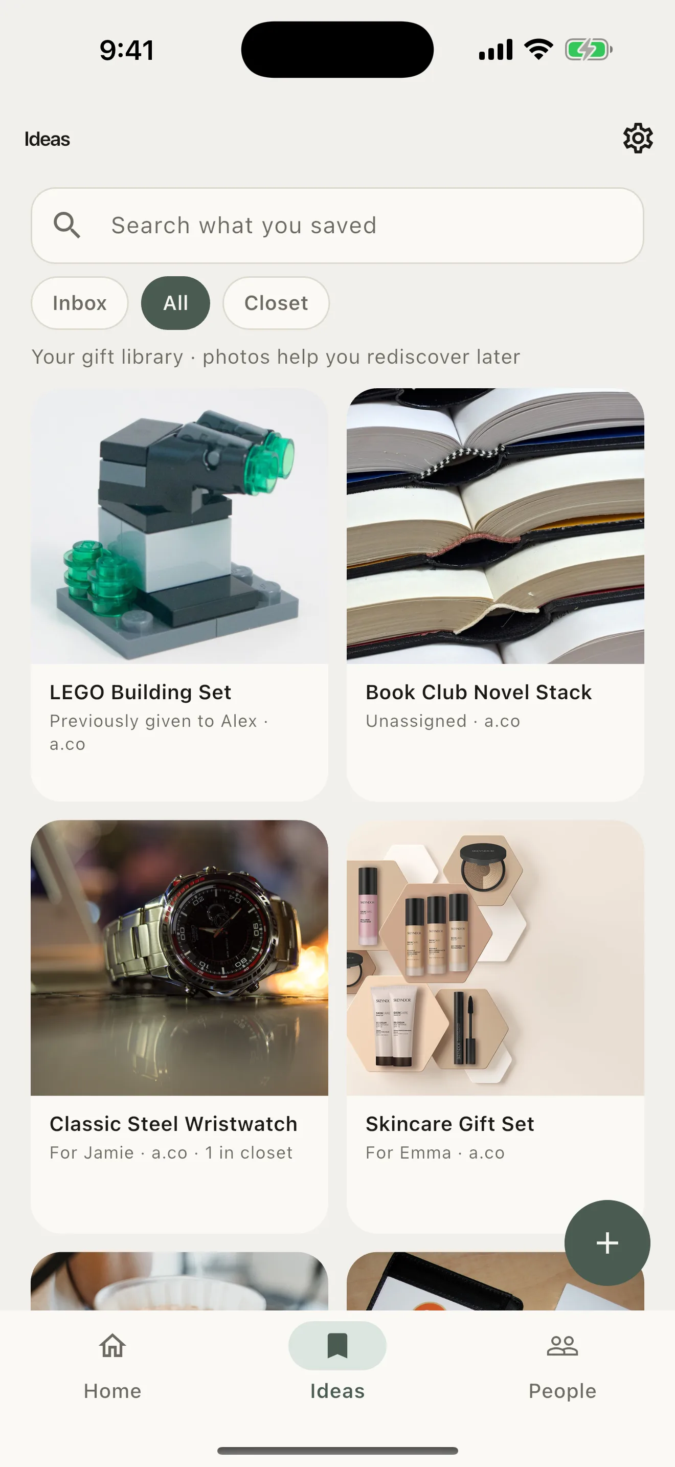 GiftThem Ideas library showing saved gift ideas, some unassigned and some linked to people