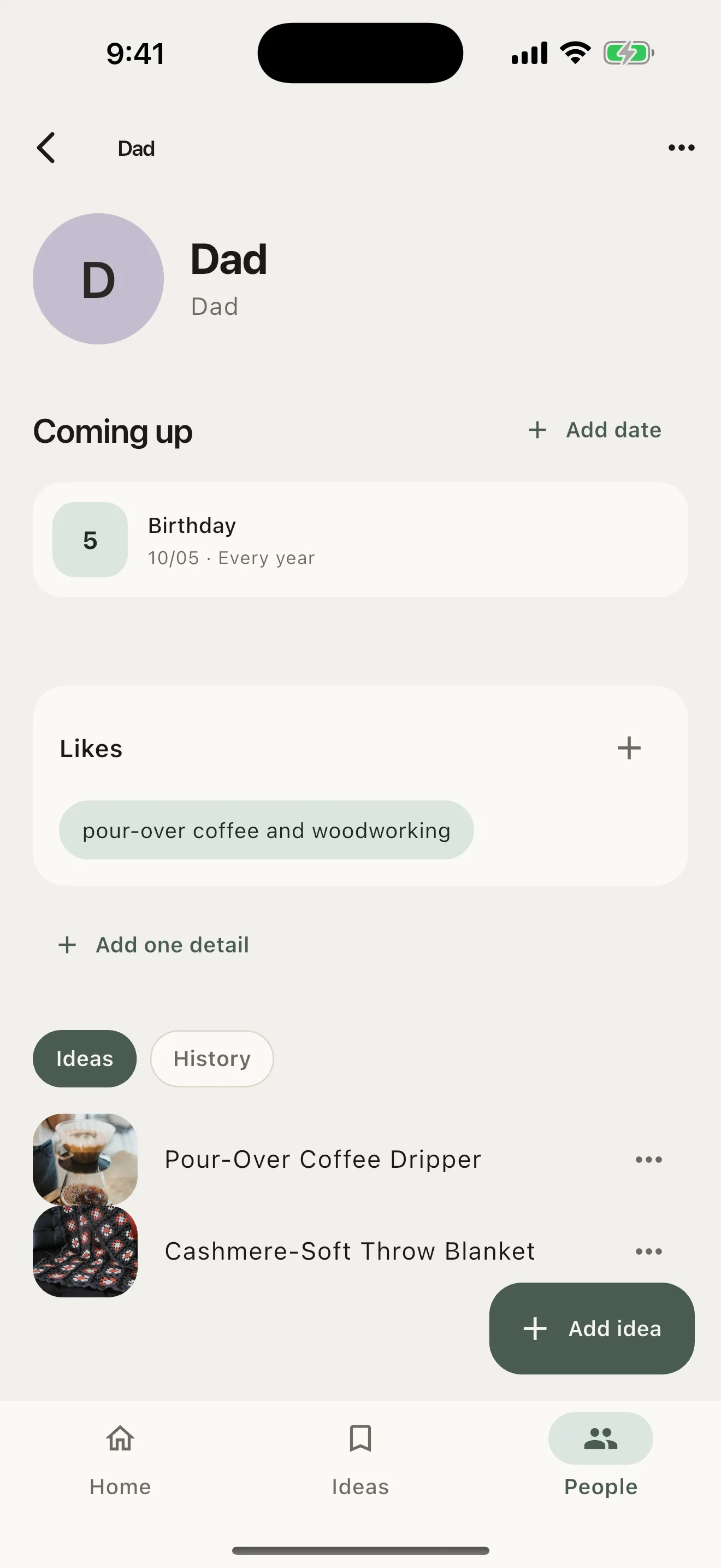 GiftThem person profile showing relationship, notes, likes, sizes, and gift history