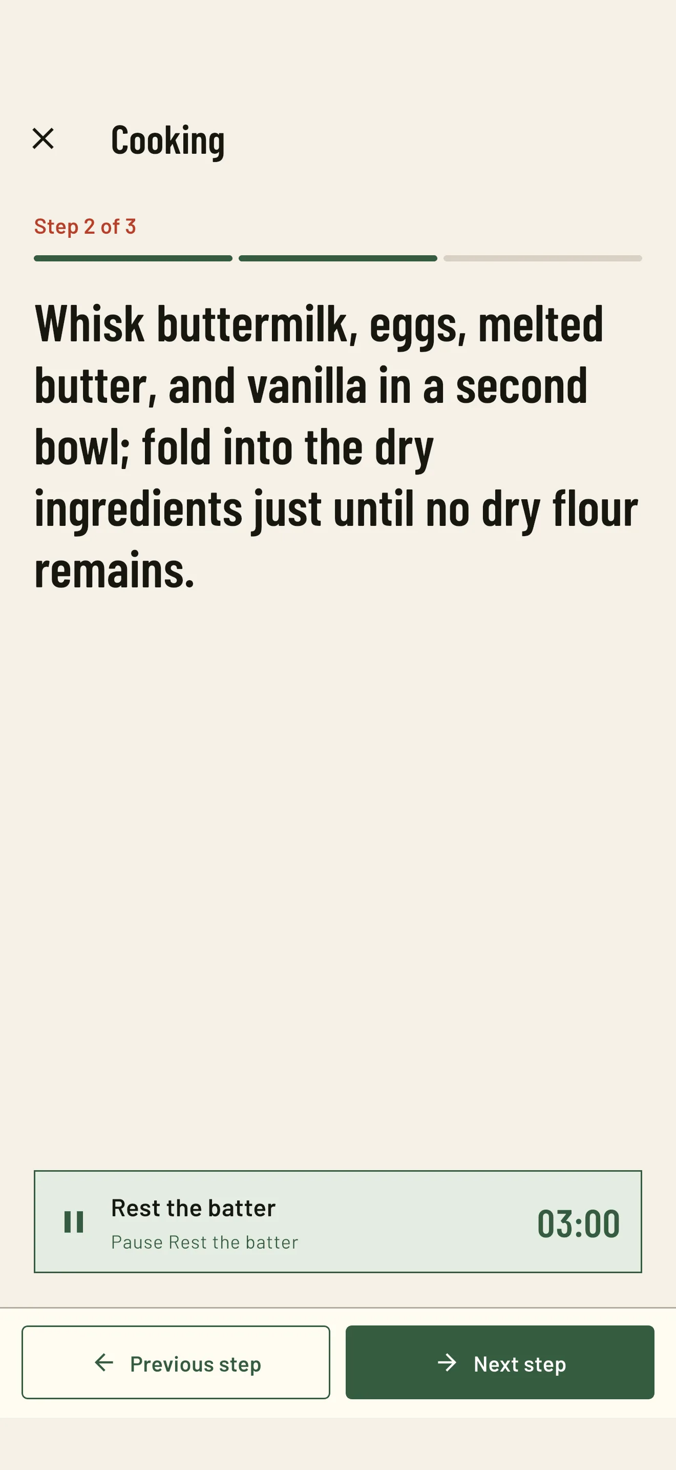 RecipeTailor Cooking Mode showing a focused step with an active timer