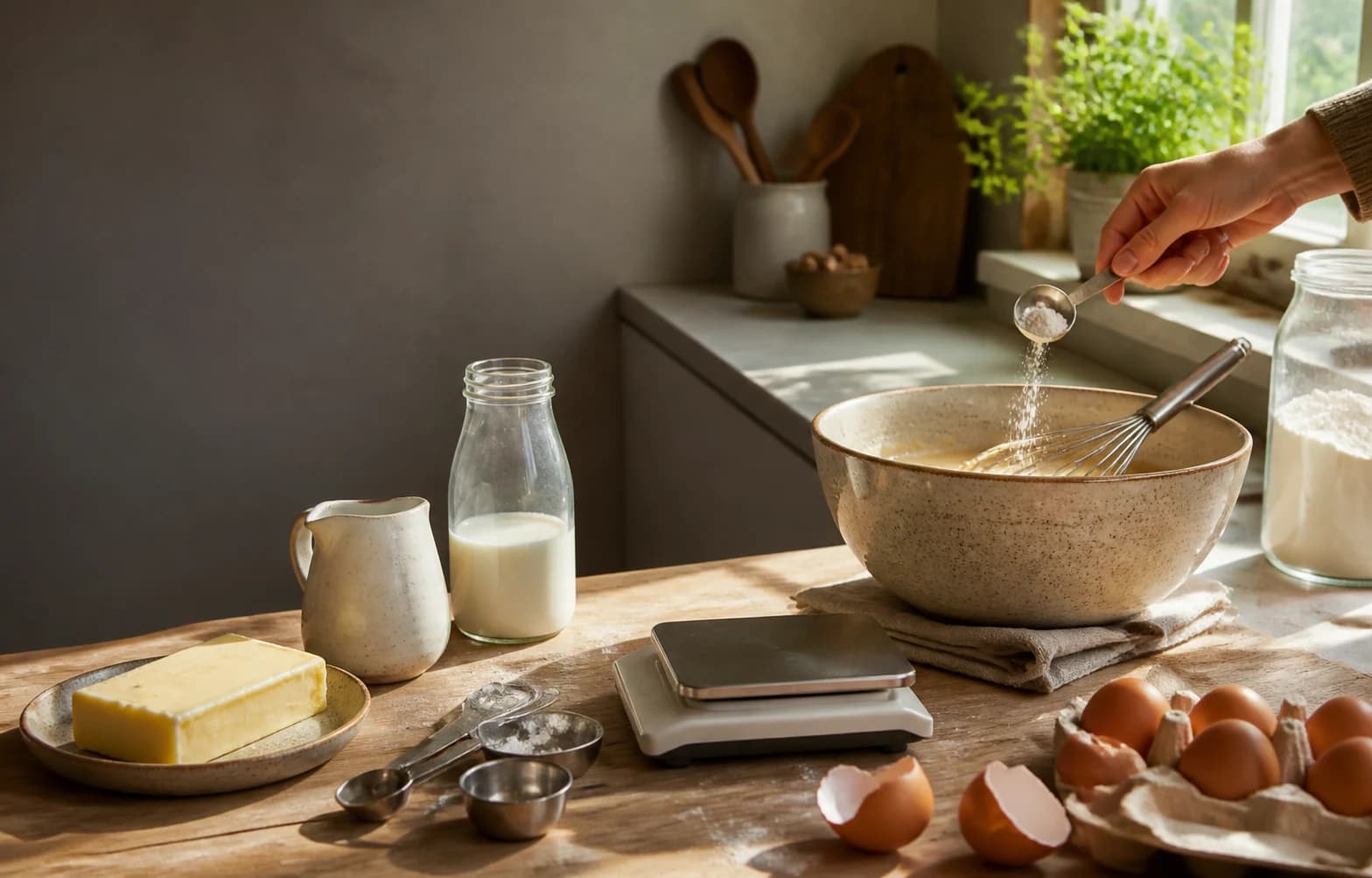 A home cook measuring flour precisely beside batter, eggs, milk, and a kitchen scale