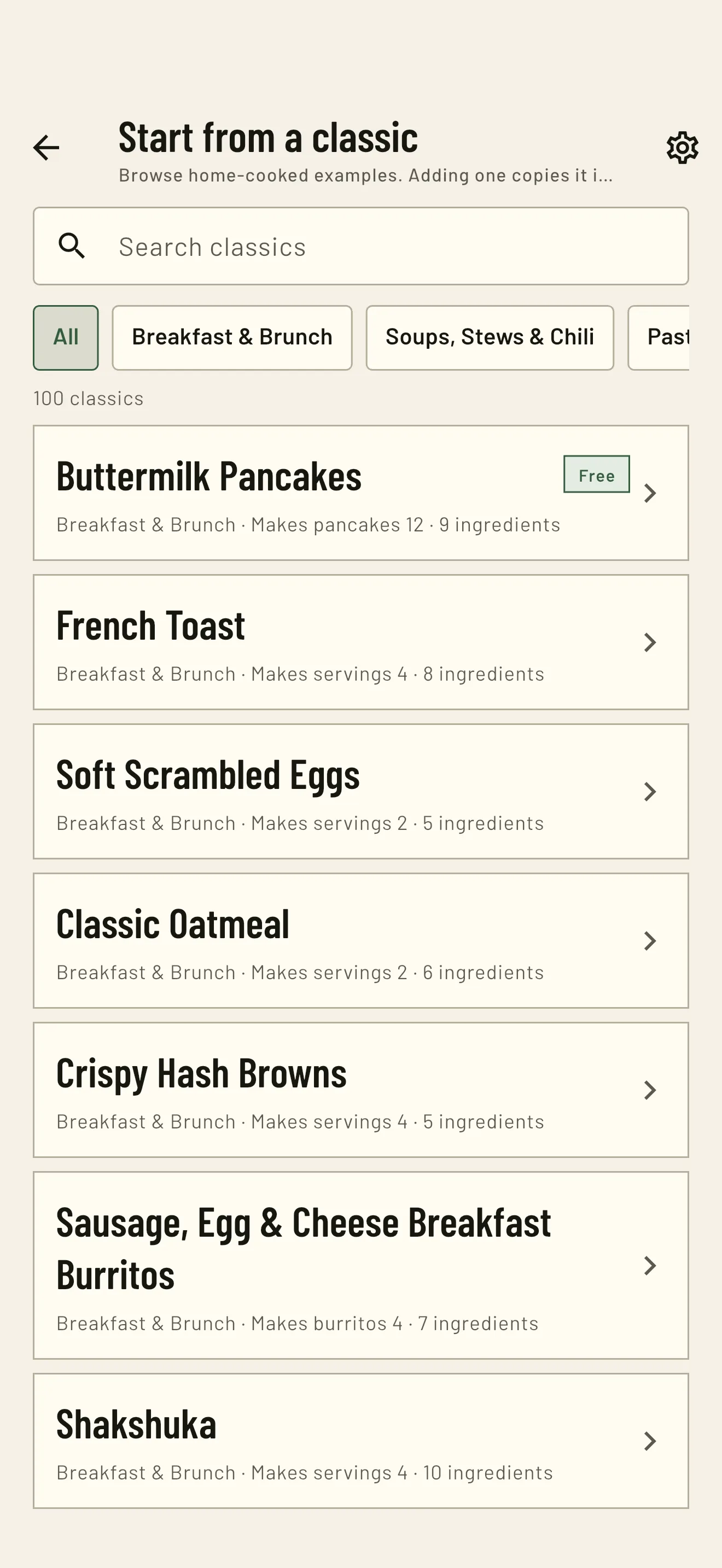 RecipeTailor starter pack browse screen showing curated classic recipes by category