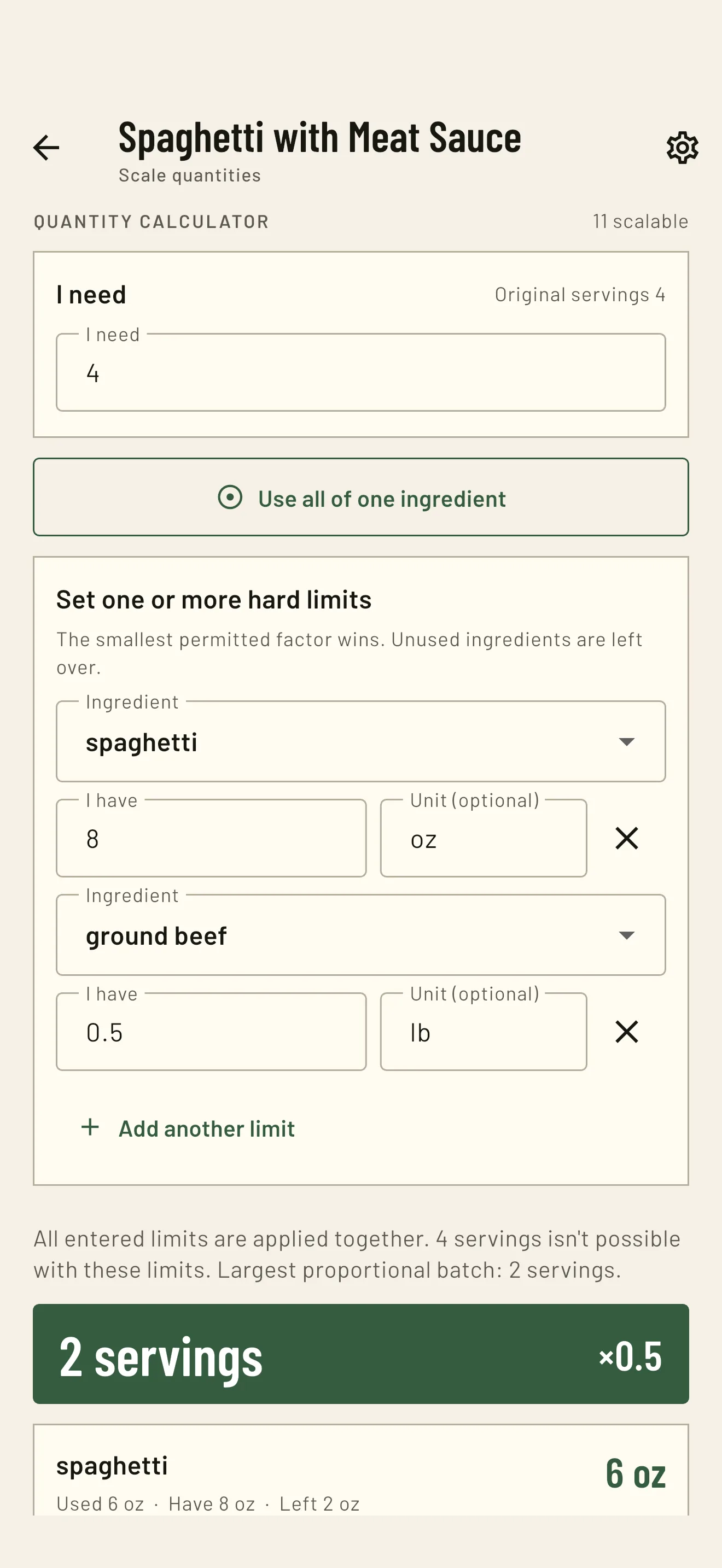 RecipeTailor scaling a spaghetti and beef recipe down to 2 servings