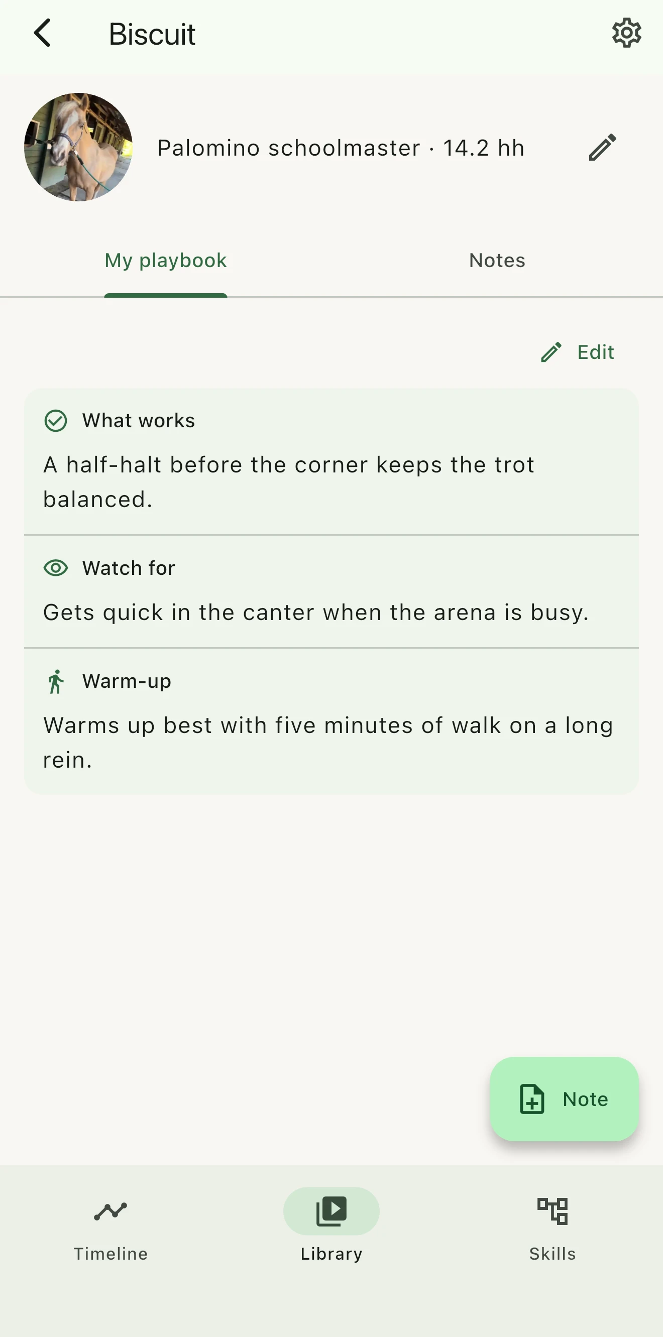 ReinTrace horse profile for Biscuit with a horse avatar, Playbook tabs, and related riding notes