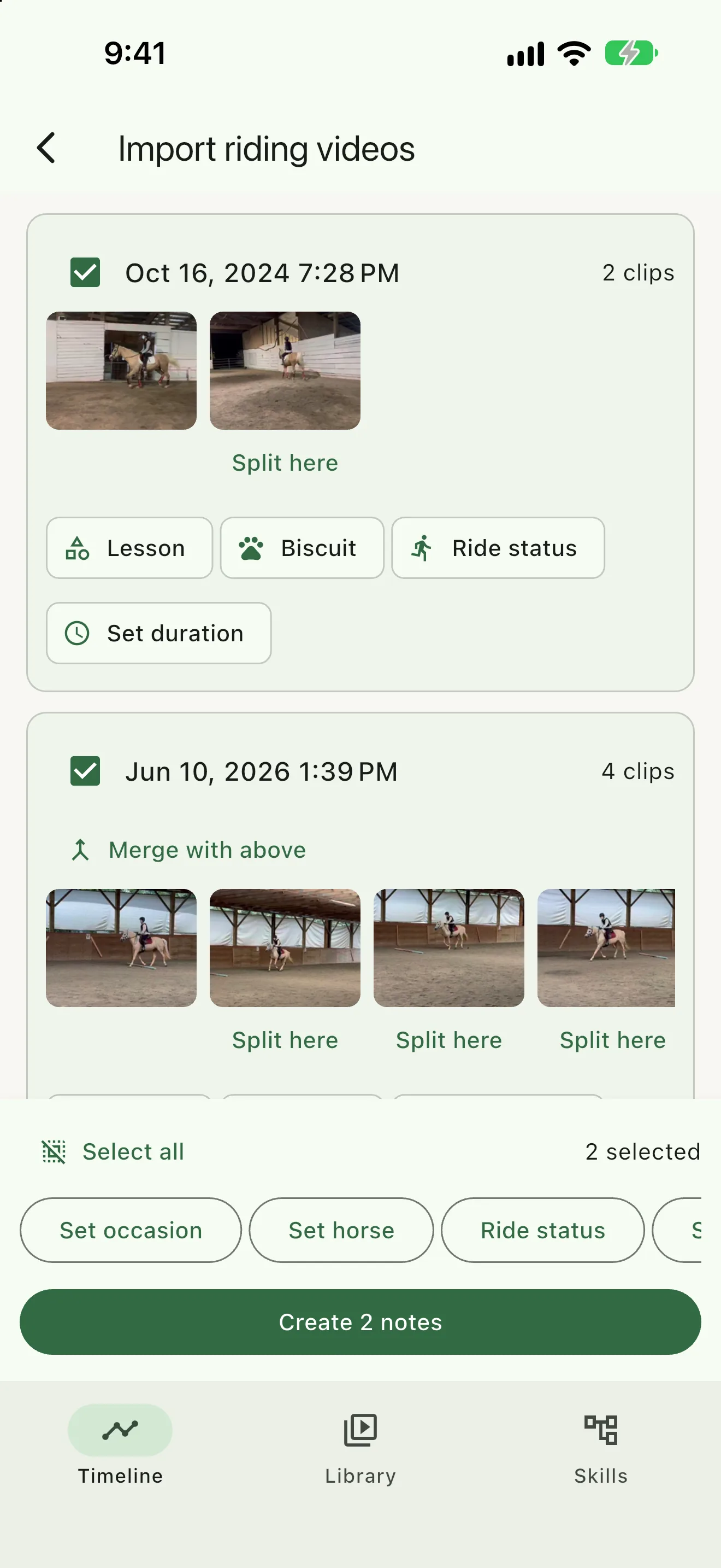 ReinTrace Import riding videos screen with clips grouped into two dated sessions, the first set to Lesson and the horse Biscuit, and a Create 2 notes button