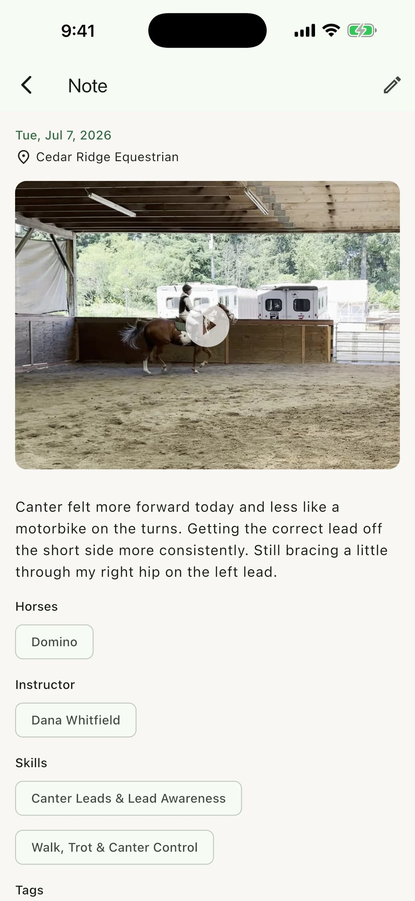 ReinTrace riding video note connected to a horse, instructor, skills, and lesson reflection