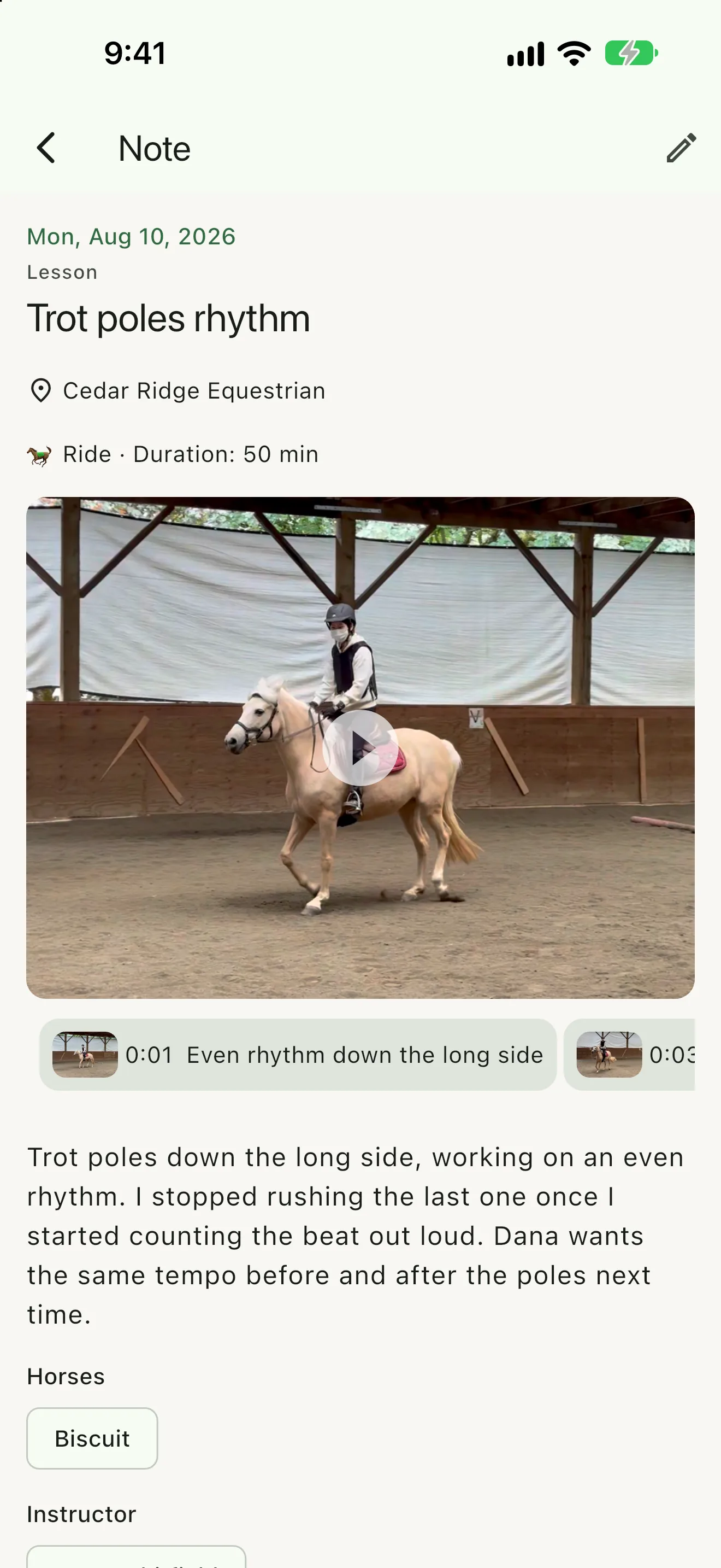 A ReinTrace lesson note called Trot poles rhythm with its riding video and marked-moment chips such as Even rhythm down the long side