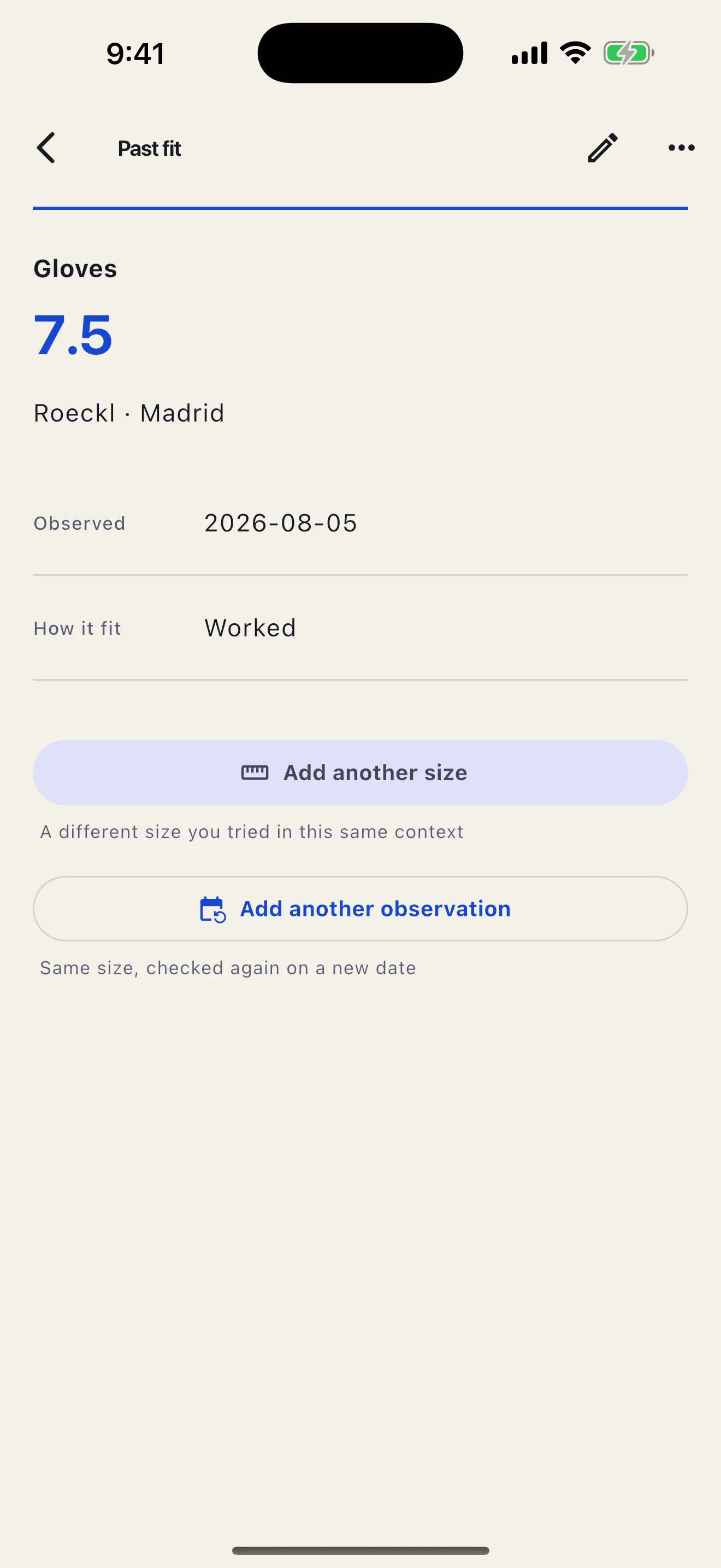 SizePassport fit detail screen showing a structured size and recorded outcome