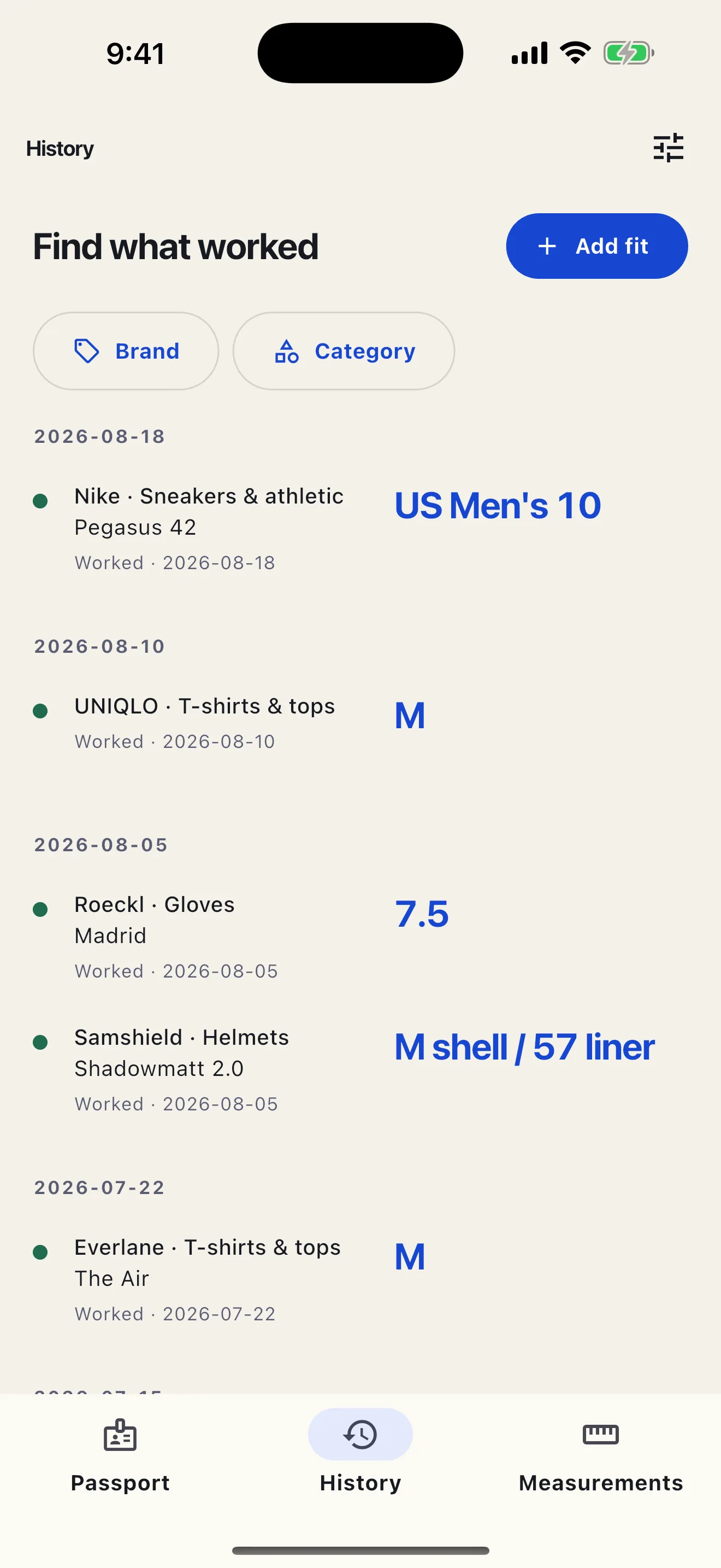 SizePassport History screen showing saved brand and category evidence with match reasons