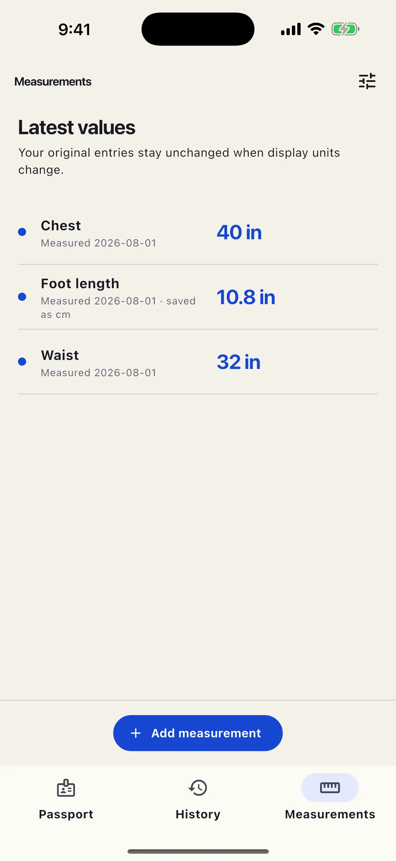 SizePassport Measurements screen showing dated length and weight values