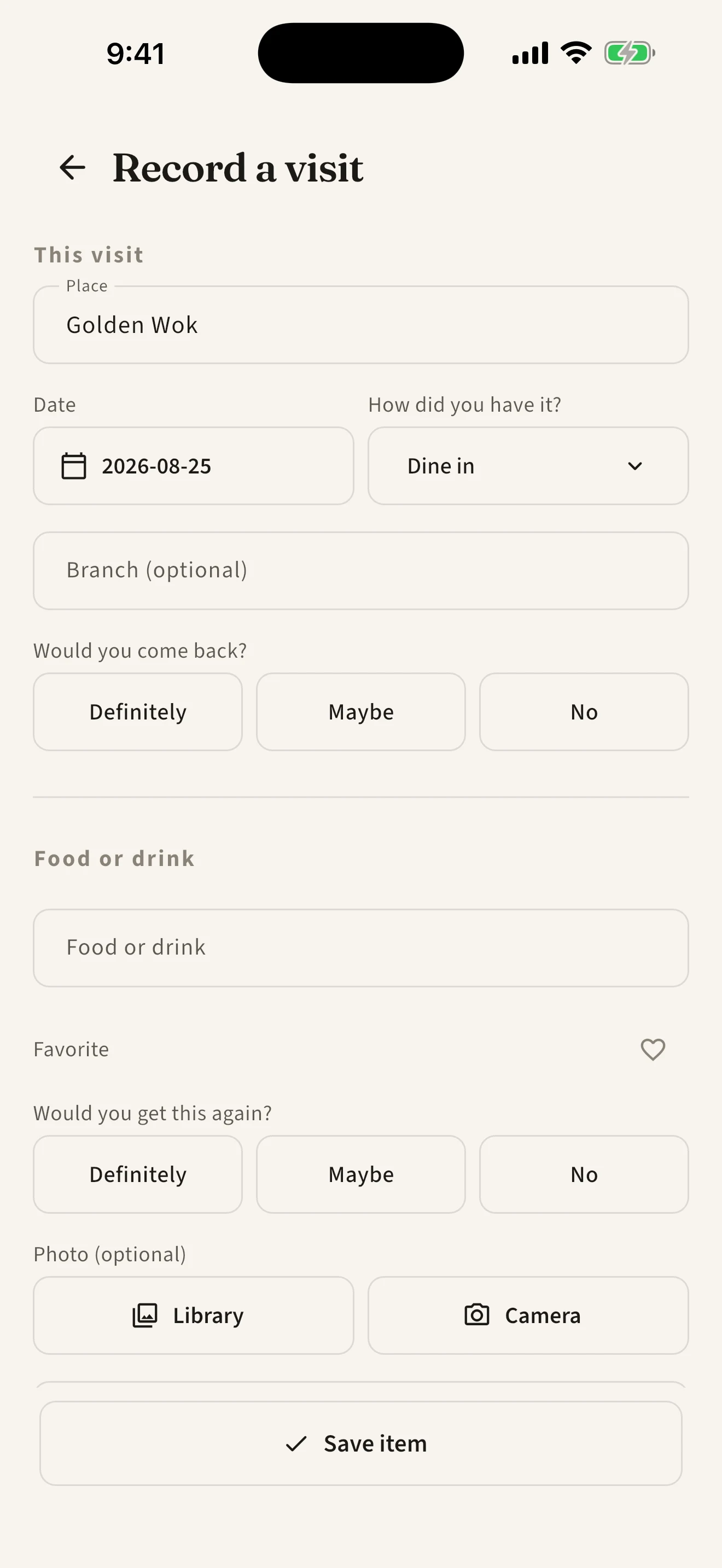 TasteTwice Record a visit screen separating shared visit details from food or drink decisions