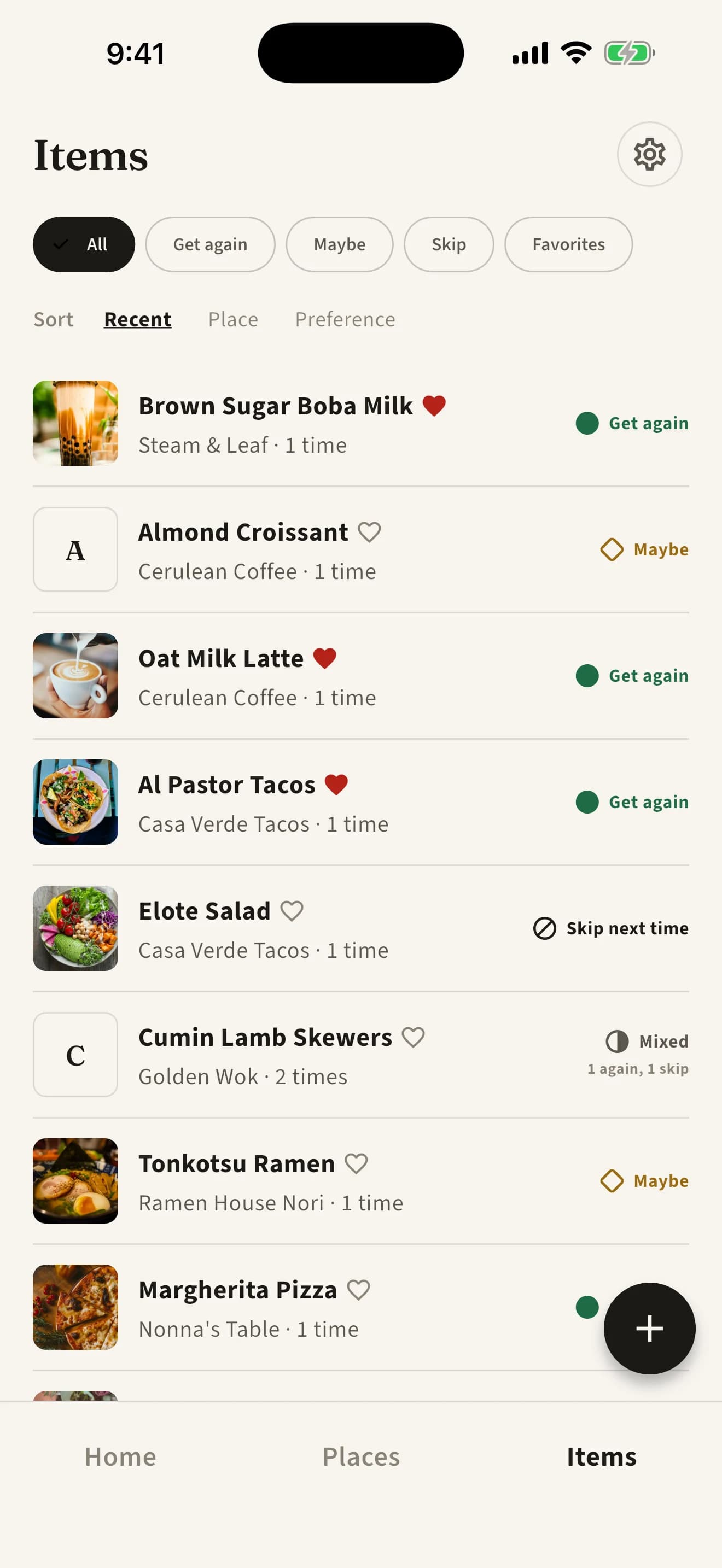 TasteTwice Items screen showing food and drink records with Get again, Maybe, Skip next time, and Favorites filters