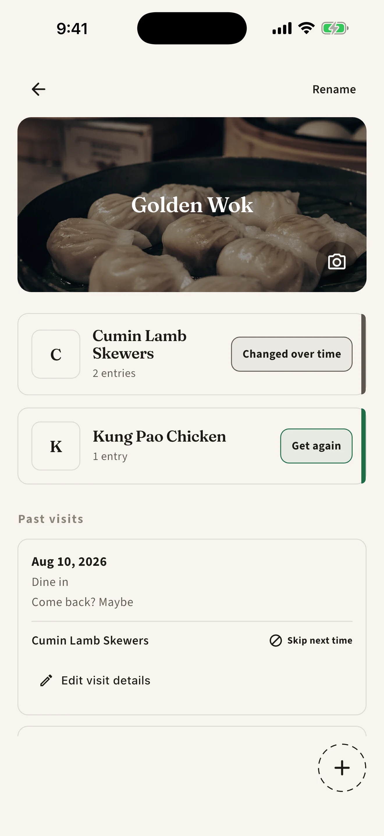 TasteTwice place detail showing a place cover, past visits, and the food and drink history for that place