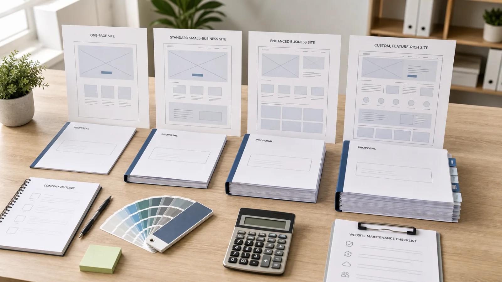 Small business website cost comparison with four website scopes, proposals, wireframes, and maintenance planning
