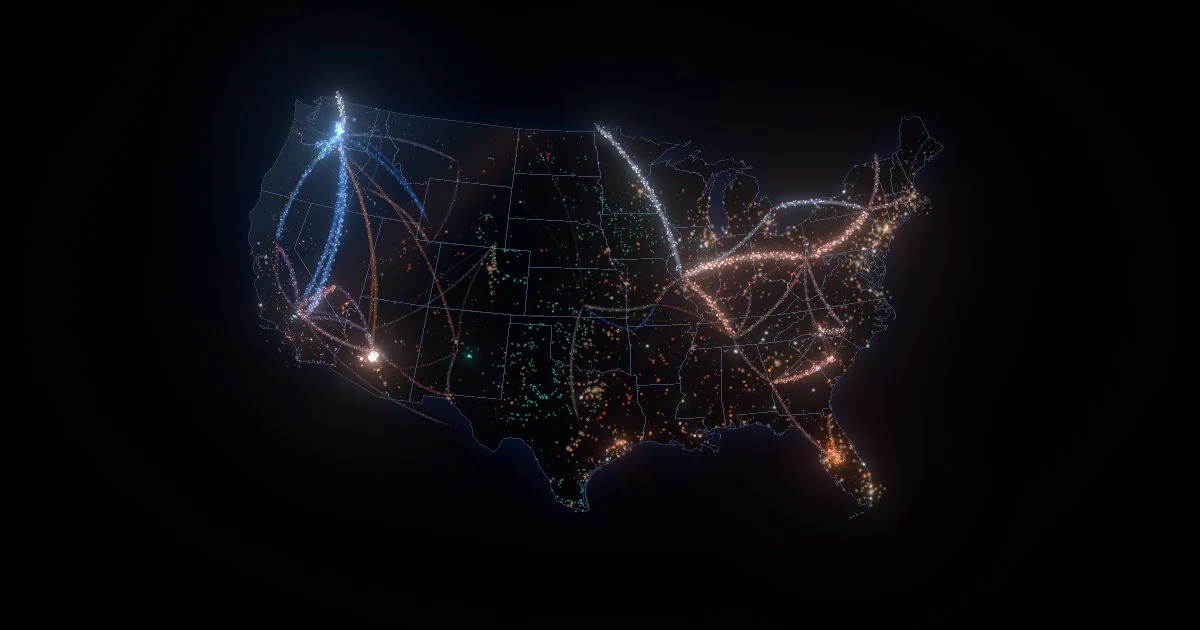 A glowing map of U.S. power plants and regional electricity transfers at night