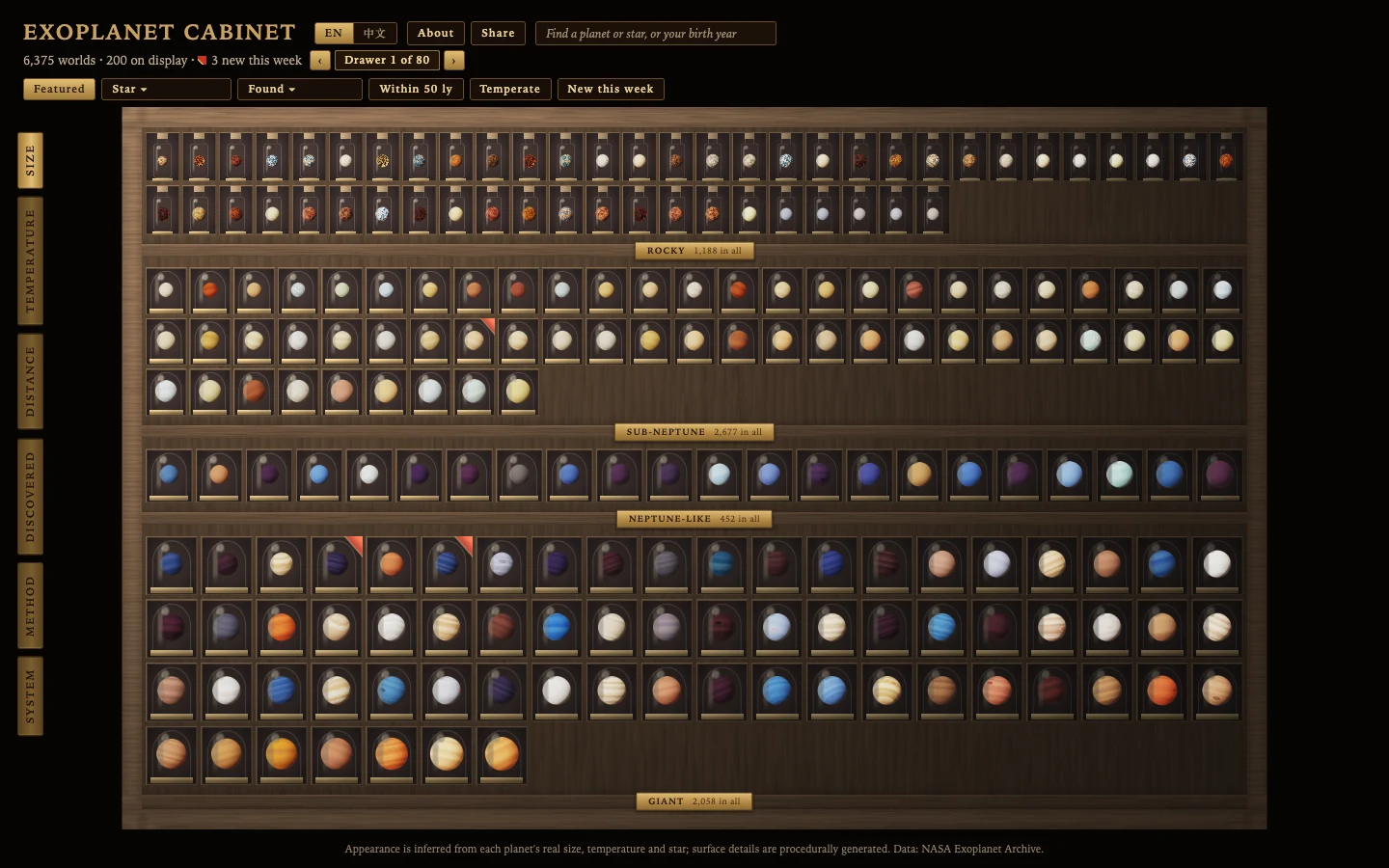 Exoplanet Cabinet showing rows of procedurally drawn planet specimens