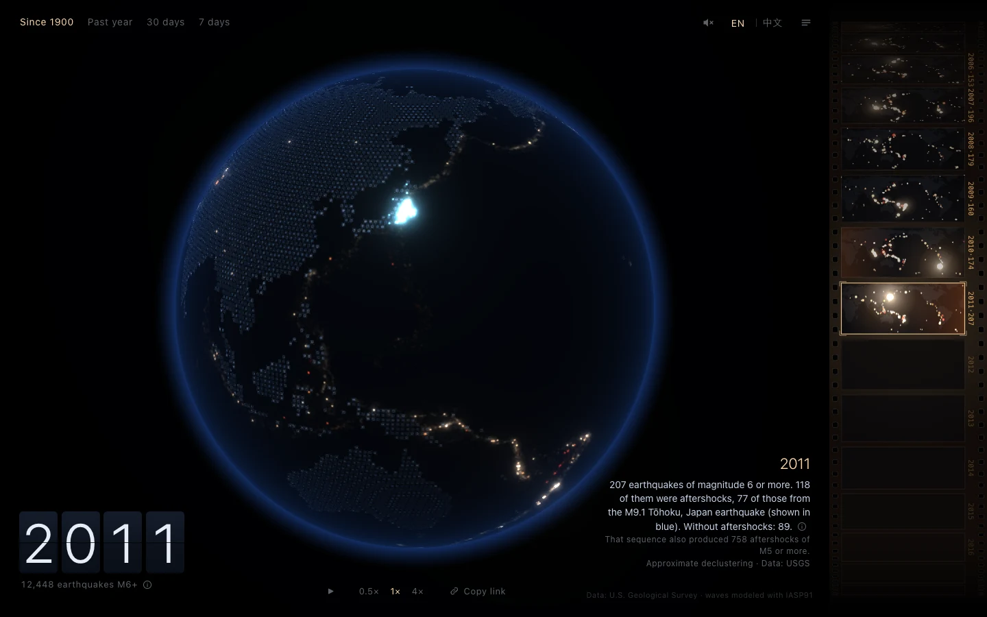 Restless Earth showing earthquake light on a globe and a timeline made of film frames