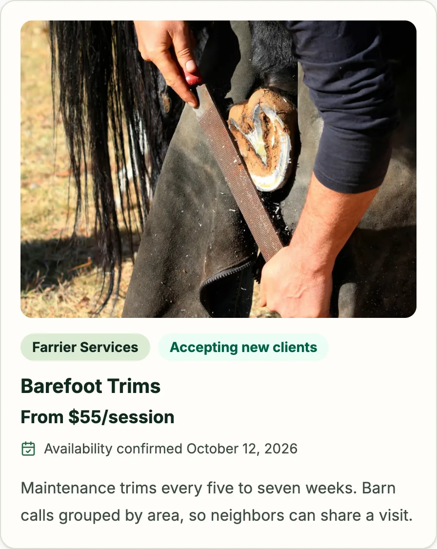 Farrier service card with pricing and availability for a fictional example professional