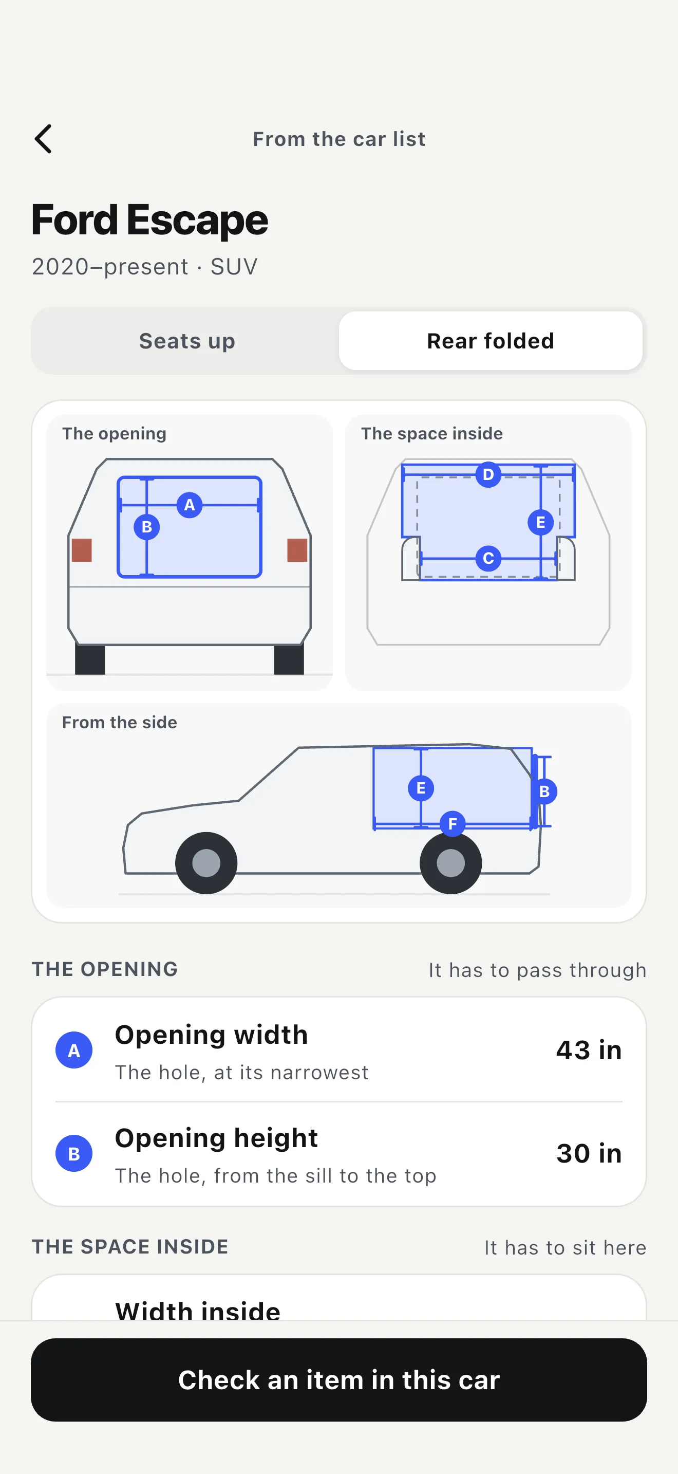 CanItFit vehicle measurements separating the rear opening from the cargo space