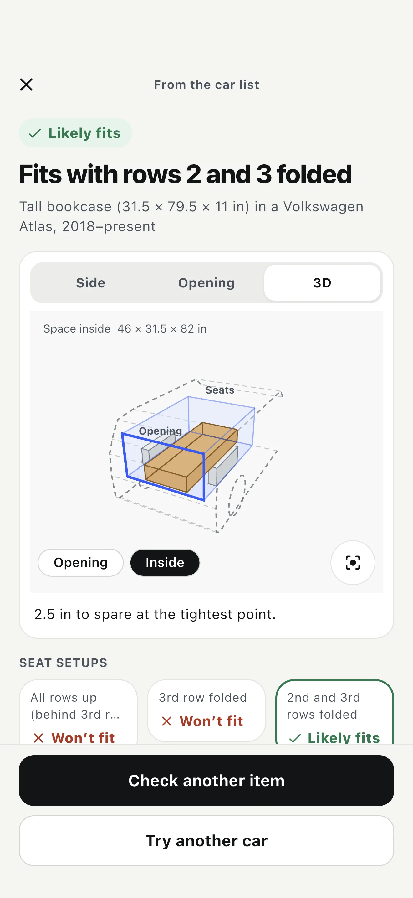 CanItFit 3D bookcase check with folded-seat comparisons in a Volkswagen Atlas