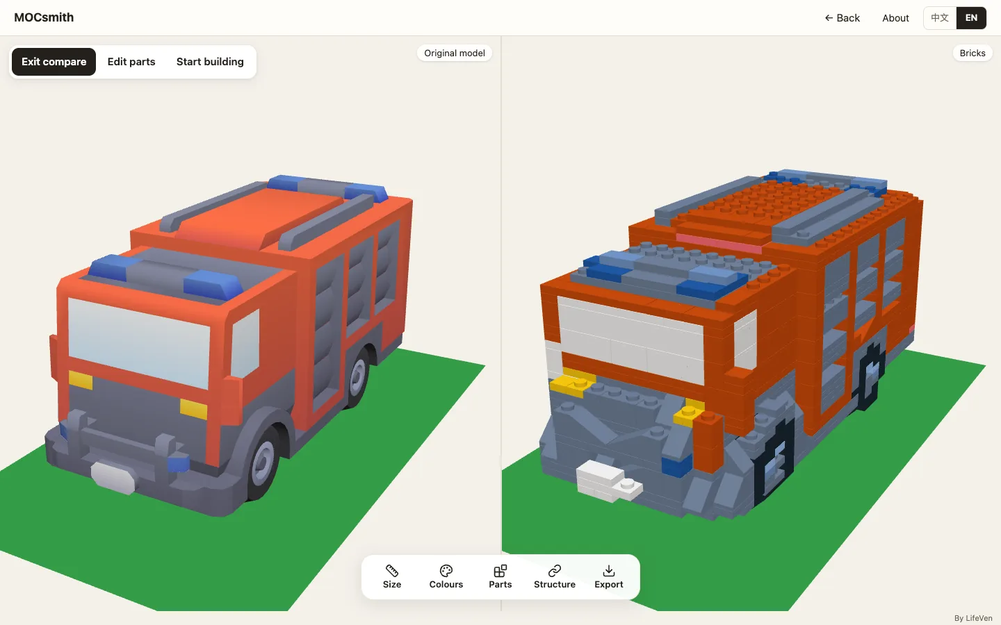 MOCsmith comparing a fire truck model with its brick version
