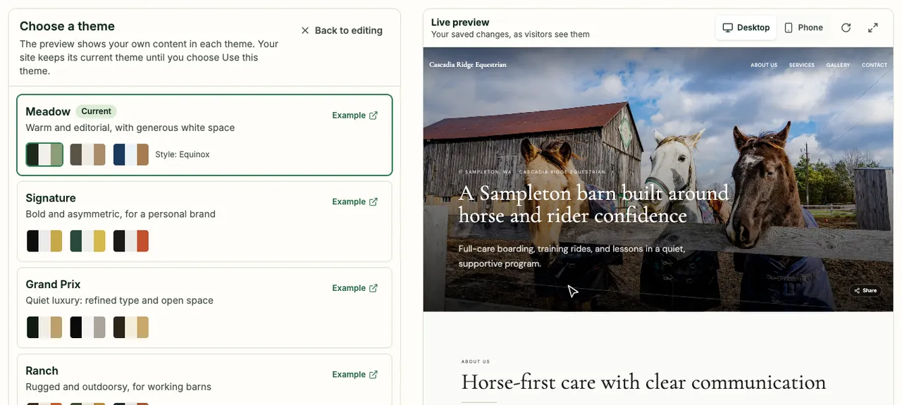 BarnLinking theme editor alongside a live website preview for a fictional example barn